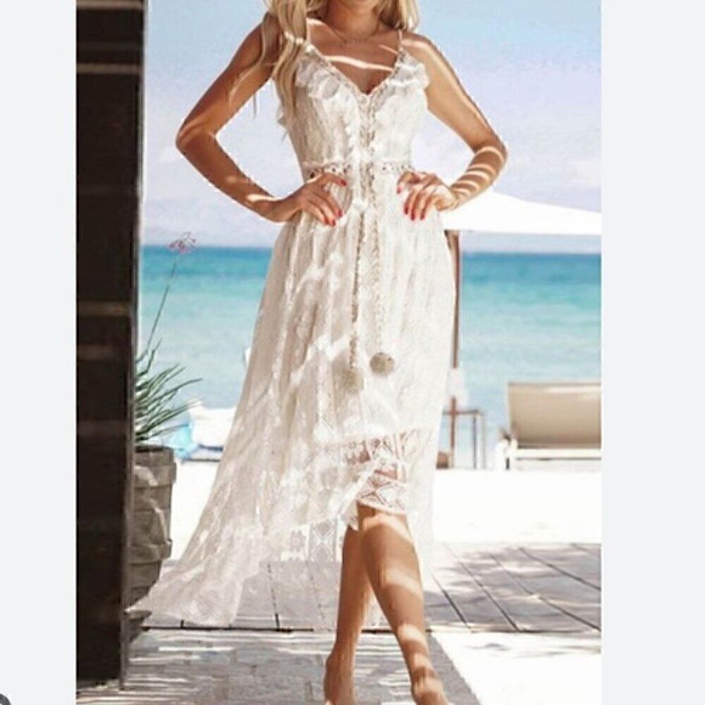 Women's Lace Hollow Out Tassel Trim V Neck Bohemian Maxi Dress L - Picture 3 of 15